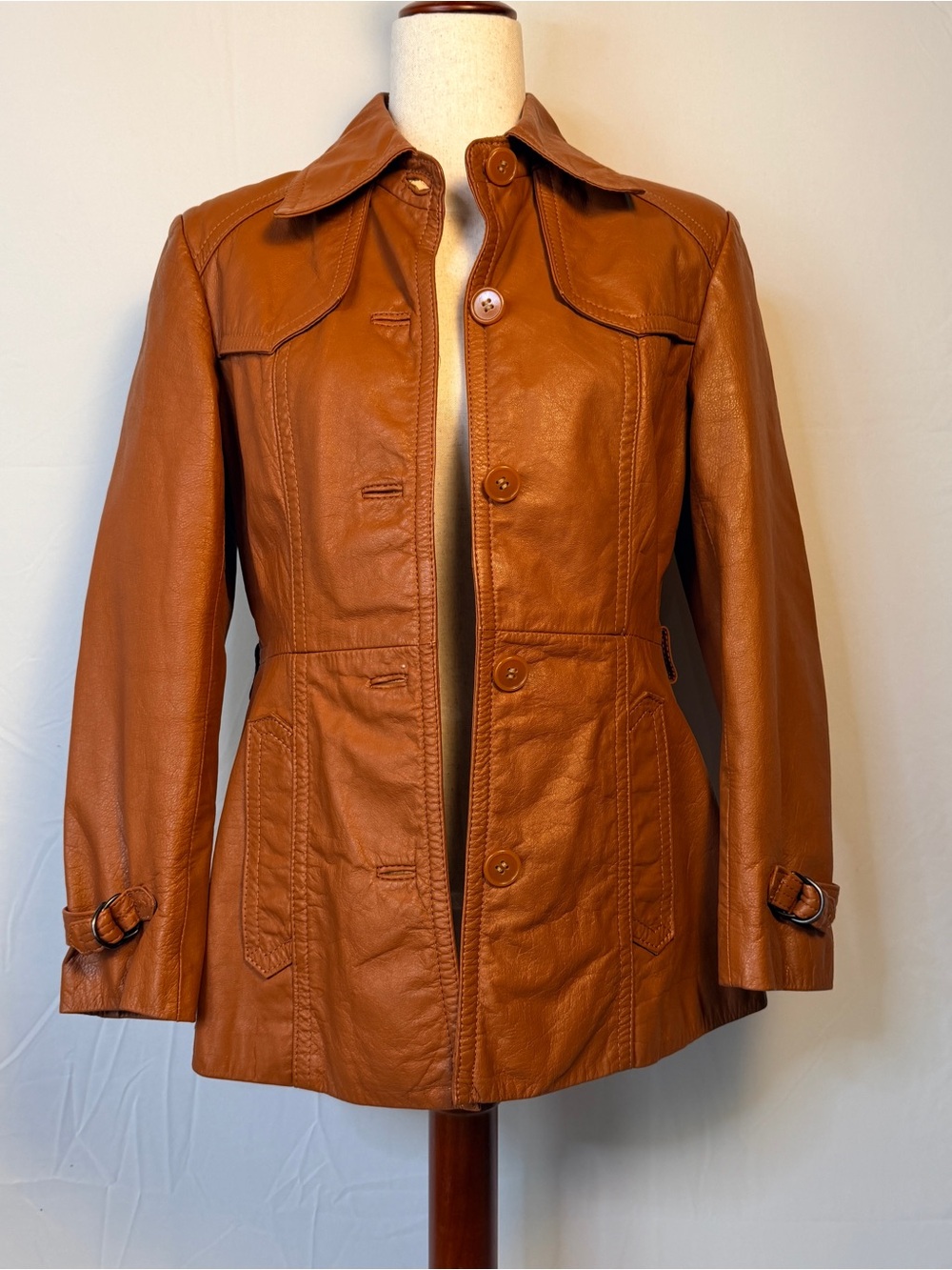 Rare Womens Vintage Retro 1970s Tan cognac brown Leather Button-Front Jacket,
